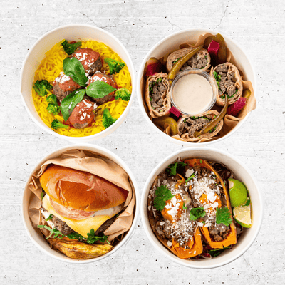 Healthy Meal Plan Set for losing weight, controlled quantity based on dietary needs. Full of flavours, image consists of rice dish, meat wrap, burger and salad.