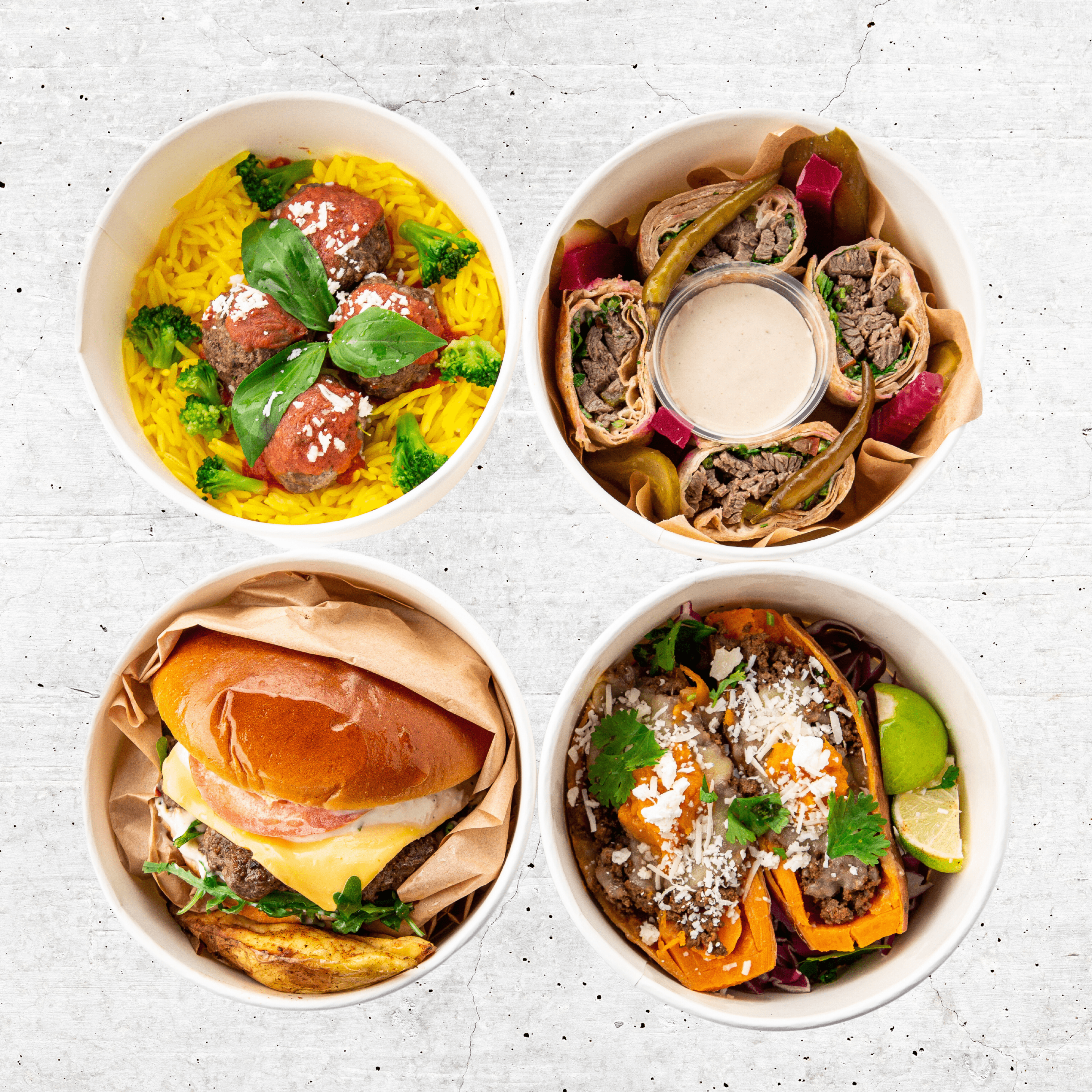 Healthy Meal Plan Set for losing weight, controlled quantity based on dietary needs. Full of flavours, image consists of rice dish, meat wrap, burger and salad.